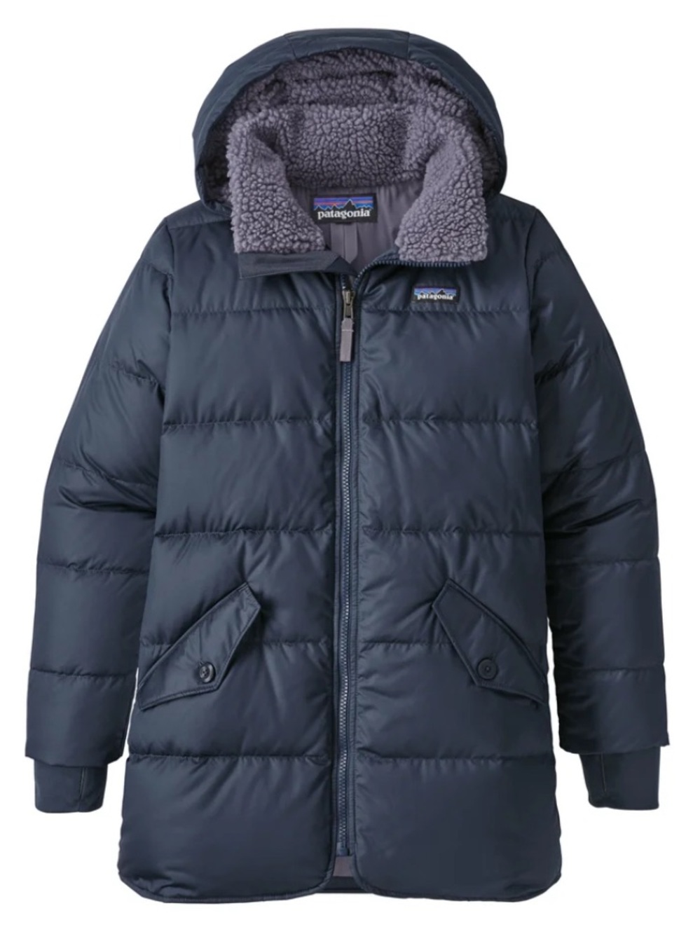 Patagonia Kids Navy Puffer Jacket with Sherpa Lined Hood